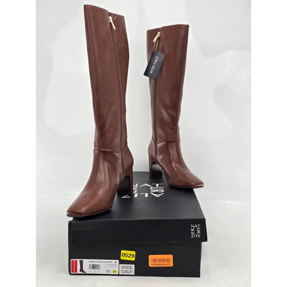 Naturalizer Nona Wide Calf Tall Boots Womens 8.5 M Brown Leather Square Toe New